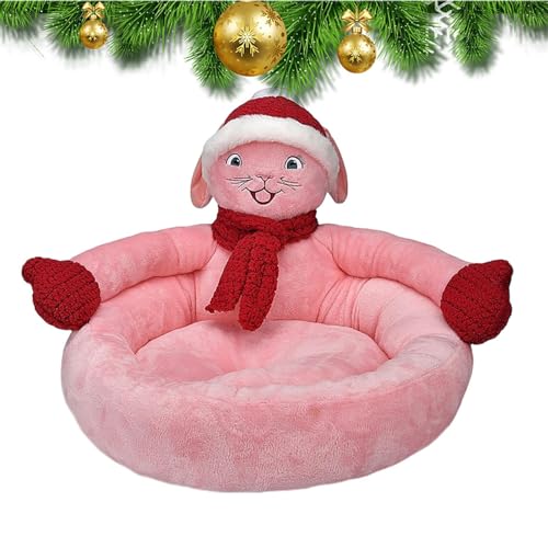 Weihnachtskatzenbett | Rosa Kaninchen 3D Weihnachtskatzennest mit Mütze und Schal | Weiches und gemütliches Kätzchenbett, waschbares Hunde- und Katzenhaus mit Rutschfester Unterseite für den von Sloane