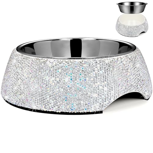 SlowVibes Bling Edelstahl-Hundenapf, 340 ml, abnehmbarer Strass-Metall-Futternapf zum Füttern von Hunden und Katzen, rostbeständig, rutschfest, für kleine, mittelgroße und große Mädchen und Haustiere von SlowVibes