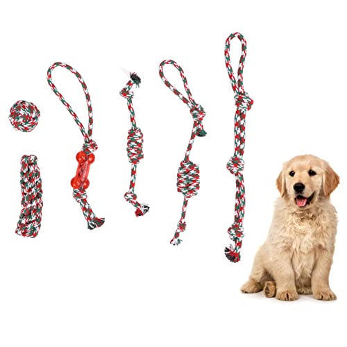 Sluffs 6 Stück weihnachtliches Kauspielzeug für Hunde, Hundeseilspielzeug, Welpen-Beißspielzeug für Hunde Kleiner und mittlerer Rassen, Welpen-Kauspielzeug zum Zahnen von Sluffs