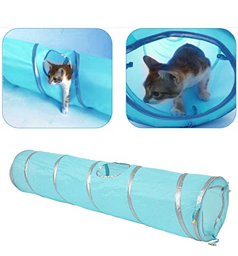 Katzentunnel Katzenspielzeug Spieltunnel, 47,2 inch Faltbare Cat Crinkle Tunnel mit einem Loch und Ball für Kätzchen spielen Spaß Training Katze Interaktives Spielzeug(Blau) von Smandy