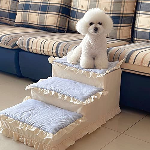 Luxuriöse Deluxe-Prinzessinnen-Treppe für Hunde, Treppe mit Stufen für kleine Hunde, Katzen, Welpen, Kätzchen, Haustier-Rampe, Leiter, rutschfest, gestreift, Weiß, 3 Stufen von SmileyTails