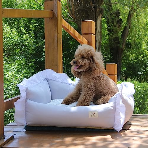 SmileyTails Haustiernest, luxuriöses Deluxe-Prinzessinnenbett, gemütliches Bett, Sofa, Bank, Hund, Katze, Welpen, Kätzchen, Nest, Couch, Kissen, Zubehör (weißer Rand, Bettsofa, klein) von SmileyTails