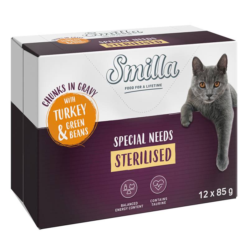 40 + 8 gratis! 85 g Smilla Häppchen mit Gemüse - Sterilised mit Pute und grünen Bohnen von Smilla