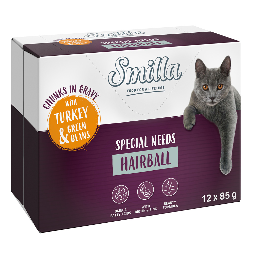 Smilla Frischebeutel Adult Hairball Häppchen in Sauce mit Gemüse - Pute und grünen Bohnen (24 x 85 g) von Smilla