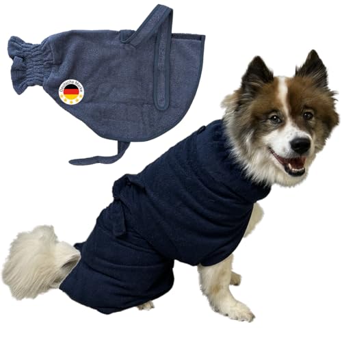 Smithy Hundebademantel PERSONALISIERT aus 100% Baumwolle - schnelles Anziehen, elastischer Kragen, Gürtel und Rutenschlitz, saugstark und trocknet schnell - in verschiedenen Größen (Blau, XL) von Smithy by Dagmar Nelk