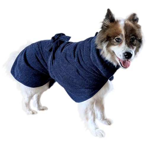 Smithy Hundebademantel PERSONALISIERT aus 100% Baumwolle - schnelles Anziehen, elastischer Kragen, Gürtel und Rutenschlitz, saugstark und trocknet schnell - in verschiedenen Größen (Blau, XL) von Smithy by Dagmar Nelk