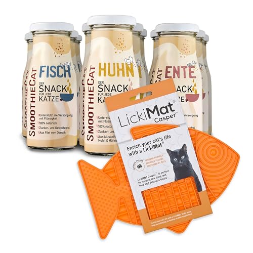 12er Probiermix SmoothieCat mit Lickimat Orange für Katzen - 4X Ente, 4X Huhn&Herz, 4X Fisch je 150ml Katzensmoothie Flüssignahrung für Katzen Futtertopping Trinken Katzensnack von SmoothieCat