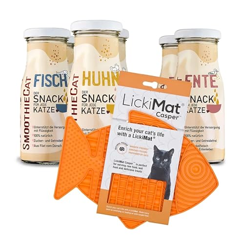 6er Probiermix SmoothieCat mit Lickimat Orange für Katzen - 2X Ente, 2X Huhn&Herz, 2X Fisch je 150ml Katzensmoothie Flüssignahrung für Katzen Futtertopping Trinken Katzensnack von SmoothieCat