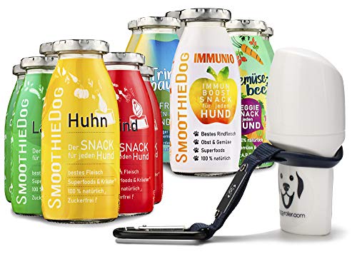 Doggyroller mit Silikonhalterung und Karabiner + 12er Probierset SmoothieDog Hundesmoothie 2xLamm-2xRind-2xHuhn-2xTrinkpause-2xImmunio-2xGemüsebeet je 250ml Hundesmoothie (Dunkelblau) von SmoothieDog