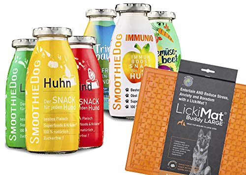 Lickimat Buddy L 30,5x25,5cm mit SmoothieDog Hundesmoothie 6er Probierset - 100% getreidefrei, für alle Hunde, 6 Sorten - Lamm, Rind, Huhn, Trinkpause, Immunio und Gemüsebeet, je 1x 250 ml von SmoothieDog