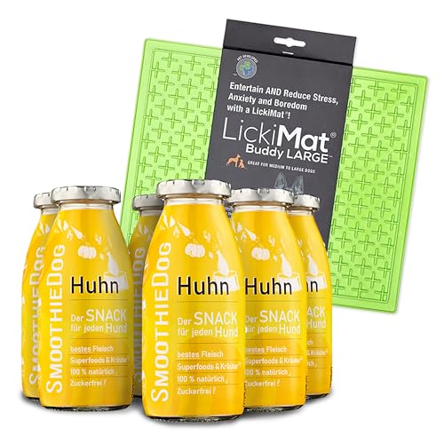 Lickimat L 30,5x25,5cm Grün mit SmoothieDog Hundesmoothie 6er Pack Huhn - 100% getreidefrei, natürlicher Hundesnack für alle Hunde, 6X 250 ml, zuckerfrei von SmoothieDog