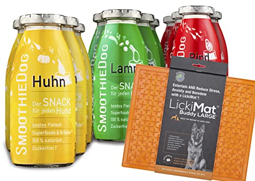 SmoothieDog 12er Pack Hundesmoothie + Lickimat Buddy L 30,5x25,5cm - 4xLamm, 4xRind, 4X Huhn - je250ml Probierpaket - Gluten und Zuckerfrei (Orange) von SmoothieDog