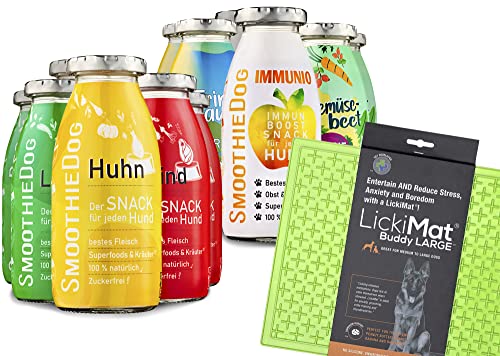 SmoothieDog 12er Probierset mit Lickimat Buddy L grün 30,5x25,5cm Hundesmoothie 2xLamm-2xRind-2xHuhn-2xTrinkpause-2xImmunio-2xGemüsebeet je 250ml Hundesmoothie von SmoothieDog