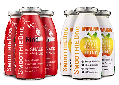 SmoothieDog Hundesmoothie 6er Pack - 3X Rind, 3X Immunio - Natürlicher Hundesnack für alle Hunde, mit Muskelfleisch vom Rind, 100% Gluten- und zuckerfrei, 6X 250 ml von SmoothieDog