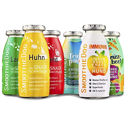 SmoothieDog Hundesmoothie 6er Probierset - Natürlicher Hundesnack für alle Hunde, mit hochwertigen Zutaten, 6 Sorten - Lamm, Rind, Huhn, Trinkpause, Immunio und Gemüsebeet, je 1x 250 ml von SmoothieDog