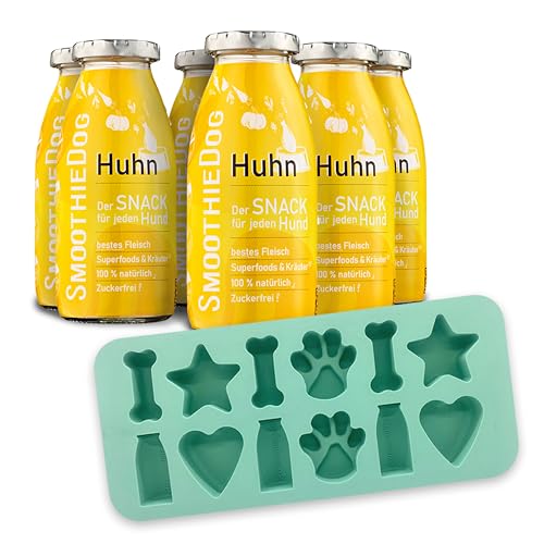 SmoothieDog Backform aus Silikon + 6x Huhn Hundesmoothie je 250ml - Hundekekse backen - Eiswürfelform aus Silikon - Hundeeiswürfel selber machen- BPA-frei, Eisform, Herz, Stern, Pfote, Knochen von SmoothieDog