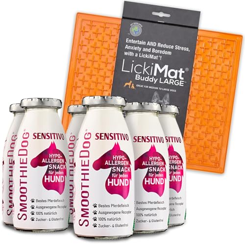 SmoothieDog Hundesmoothie, Sensitivo 6er Pack mit Lickimat Leckmatte, 30,5x25,5 cm - 100% getreidefrei, für alle Hunde, Hypoallergen - Muskelfleisch vom Pferd, je 1x 250 ml von SmoothieDog