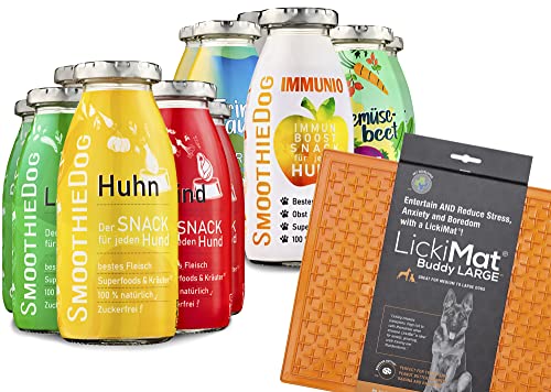 SmoothieDog Hundesmoothie 12er Probierset mit Lickimat Buddy L 30,5x25,5cm - 100% getreidefrei, für alle Hunde, 6 Sorten - Lamm, Rind, Huhn, Trinkpause, Immunio und Gemüsebeet, je 1x 250 ml von SmoothieDog