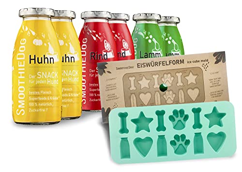 SmoothieDog Hundesmoothie 6er Mix Klassik inkl. Eiswürfelform - Natürlicher Hundesnack für alle Hunde, mit hochwertigen Zutaten, Gluten- und zuckerfrei, 3 leckere Sorten - Lamm, Rind, Huhn, 6X 250 ml von SmoothieDog