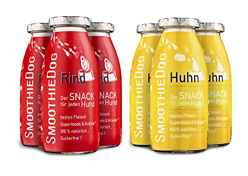 SmoothieDog Hundesmoothie für Welpen 6er Pack - 3X Rind + 3X Huhn - Der natürliche Hundesnack für Welpen, 100% Gluten- und zuckerfrei, welpenleckerlies 6X 250 ml von SmoothieDog