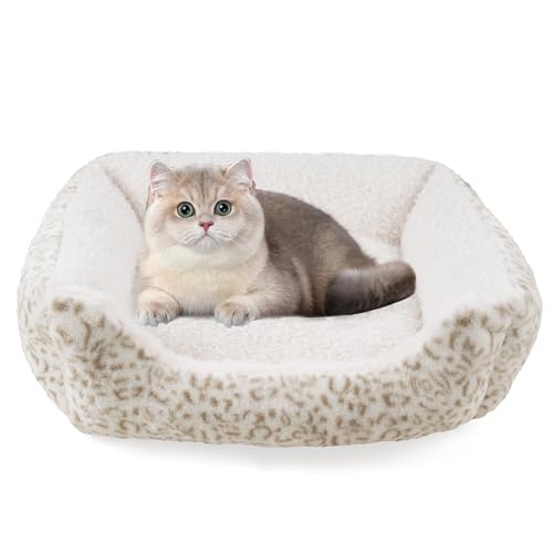 Smouatou Weiches Hundebett, Anti-Angst-Welpen-Kuschelbett für Welpen, Hunde und Katzen, rechteckig, waschbar, Leopardenmuster, mit Matratze, Beige, Größe XS von Smouatou