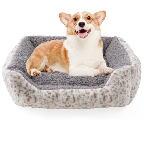 Smouatou Weiches Hundebett, Anti-Angst-Welpen-Kuschelbett für Welpen, Hunde und Katzen, rechteckig, waschbar, Leopardenmuster, mit Matratze, Grau, Größe M von Smouatou