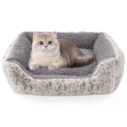 Smouatou Weiches Hundebett, Anti-Angst-Welpen-Kuschelbett für Welpen, Hunde und Katzen, rechteckig, waschbar, Leopardenmuster, mit Matratze, Grau, Größe XS von Smouatou