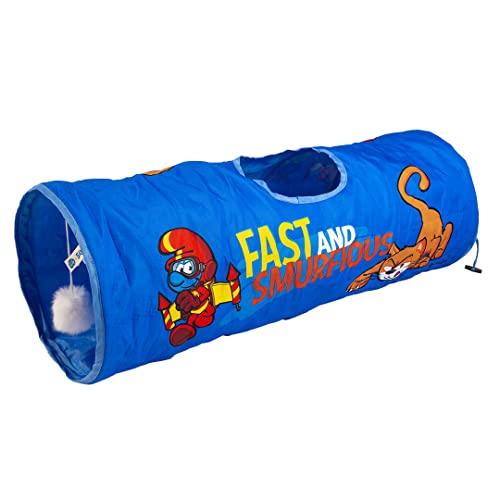 Smurfs duvoplus, Spieltunnel Schlümpfe für Katzen, 72 x 25 x 25 cm, mit lustigem Ball und Glöckchen, geeignet für den Innen- und Außenbereich, faltbar und leicht zu verstauen von Smurfs duvoplus