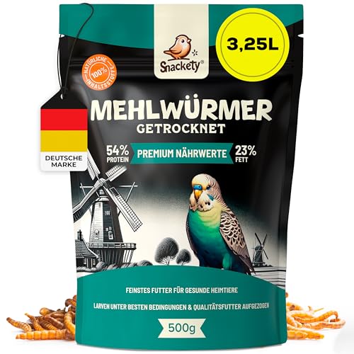 Mehlwürmer getrocknet 500g Premium Hühnerfutter Insekten Vogelfutter Wildvögel ganzjährig Igelfutter Vögel, Fische, Schildkröten, Nager, Igel, Reptilien, Eichhörnchen Futter Hamsterfutter (3,25L) von Snackety