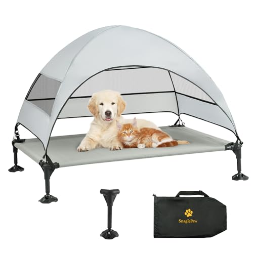 Hundeliege mit Dach,Erhöhtes Hundebett mit Stabile Anti Rutsch Füße,Breiterer Schatten Hundeliege Outdoor,Hundebett Outdoor Wasserfest Hundebett mit Dach Grosse Hunde Camping Indoor & Outdoor von Snagle Paw