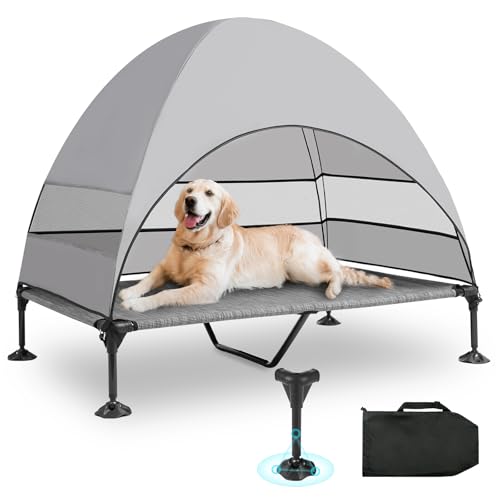 Hundeliege mit Dach & Erhöhtes Design - Stabiles Hundebett mit Antirutschfüßen, Breiter Schatten - Wasserdicht für Große Hunde Indoor/Outdoor, Camping & Garten von Snagle Paw