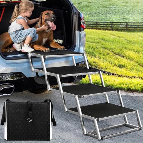 Hundetreppe Auto Für Große Hunde, Extra Breit 4 Stufen Hunderampe Auto Klappbar,Leichte Hunderampe Auto Klappbar, rutschfeste Hundetreppe für Lastwagen und SUV, Unterstützung bis 100 KG von Snagle Paw