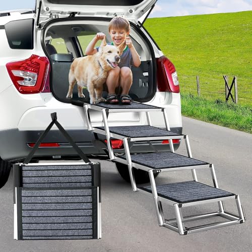 Snagle Paw Extra breite Hunderampe für Autos, Aluminium-Hundetreppe für Auto mit rutschfestem Teppich, 4 Stufen, leichte Hunde-Autostufe, einfach zu faltbare Hundetreppe für Autos, SUVs, LKWs, von Snagle Paw