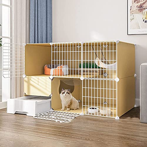 Katzenkäfig, Käfig, Laufstall, Frettchenkäfig, großer 3-stöckiger Haustier-Laufstall mit Tür und geschlossener Katzentoilette für Kätzchen, Kaninchen, Haustiere (Set A gelb) von SnamicE
