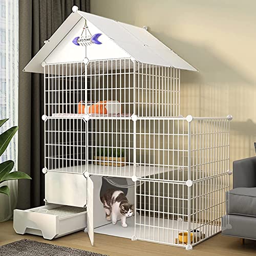 Katzenkäfig – Kaninchenkäfig für den Innenbereich, Katzenkäfig, großer Indoor-Katzenkäfig mit Katzentoilette, Katzenkäfig mit Tür und geschlossener Katzentoilette für Katzen (Set A 111 x 49 x 145 cm) von SnamicE