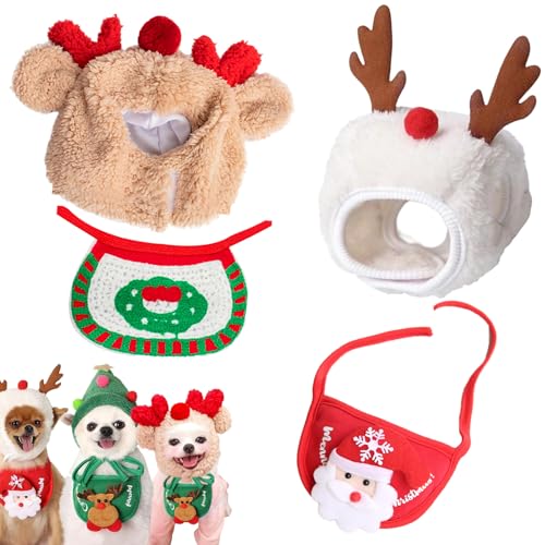 Snrtevu Haustier Weihnachtsmütze, Adorable Christmas Tree Pom-Pom Hat, Dog Santa Hat, Christmas Costume Pet Dog Cat, Cute Plush Cats Christmas Hat with Pompom, Reindeer Puppy Dog Cap (2PCS Mix-1,L) von Snrtevu