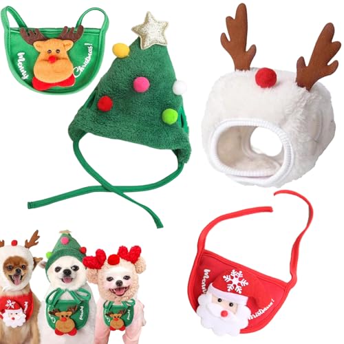 Snrtevu Haustier Weihnachtsmütze, Adorable Christmas Tree Pom-Pom Hat, Dog Santa Hat, Christmas Costume Pet Dog Cat, Cute Plush Cats Christmas Hat with Pompom, Reindeer Puppy Dog Cap (2PCS Mix-2,L) von Snrtevu