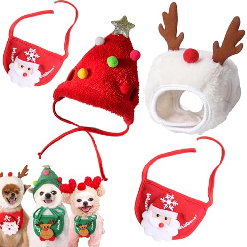 Snrtevu Haustier Weihnachtsmütze, Adorable Christmas Tree Pom-Pom Hat, Dog Santa Hat, Christmas Costume Pet Dog Cat, Cute Plush Cats Christmas Hat with Pompom, Reindeer Puppy Dog Cap (2PCS Mix-3,L) von Snrtevu