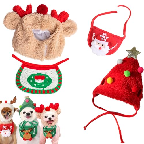 Snrtevu Haustier Weihnachtsmütze, Adorable Christmas Tree Pom-Pom Hat, Dog Santa Hat, Christmas Costume Pet Dog Cat, Cute Plush Cats Christmas Hat with Pompom, Reindeer Puppy Dog Cap (2PCS Mix-4,L) von Snrtevu