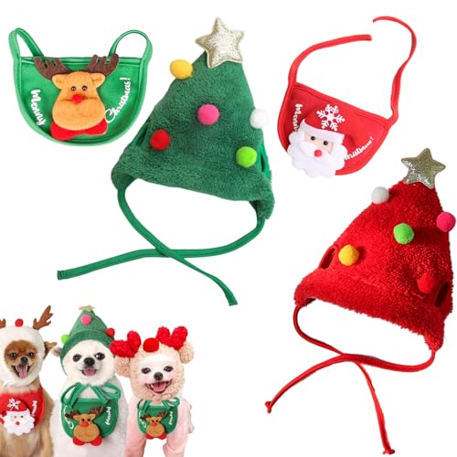 Snrtevu Haustier Weihnachtsmütze, Adorable Christmas Tree Pom-Pom Hat, Dog Santa Hat, Christmas Costume Pet Dog Cat, Cute Plush Cats Christmas Hat with Pompom, Reindeer Puppy Dog Cap (2PCS Mix-5,L) von Snrtevu