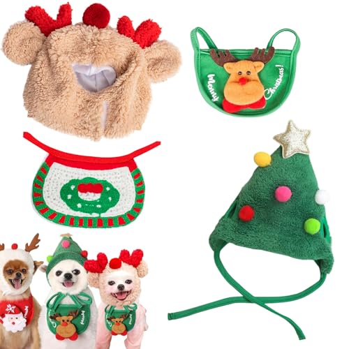 Snrtevu Haustier Weihnachtsmütze, Adorable Christmas Tree Pom-Pom Hat, Dog Santa Hat, Christmas Costume Pet Dog Cat, Cute Plush Cats Christmas Hat with Pompom, Reindeer Puppy Dog Cap (2PCS Mix-6,L) von Snrtevu