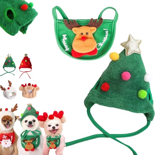 Snrtevu Haustier Weihnachtsmütze, Adorable Christmas Tree Pom-Pom Hat, Dog Santa Hat, Christmas Costume Pet Dog Cat, Cute Plush Cats Christmas Hat with Pompom, Reindeer Puppy Dog Cap (Style-1,L) von Snrtevu