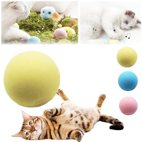 Snrtevu Intelligentes Interaktives Katzenball Spielzeug, Katzenball Interaktive Katzenspielzeug Mit Zwitschern, Kätzchenspielzeug Plüsch Balle, Plüschbälle Für Katzen, Jagd (Style-1,Yellow) von Snrtevu