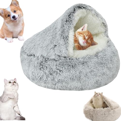 Snrtevu Lapcatz Nest Bed, Cat Winter Bed Washable, Kuschelhöhle Hund, Fluffy Plush Kitten Bed, Hundehöhle Kuschelhöhle, Hundebett Mit Dach, Lapcatz Nest Bed with Cover (Grau,50cm) von Snrtevu