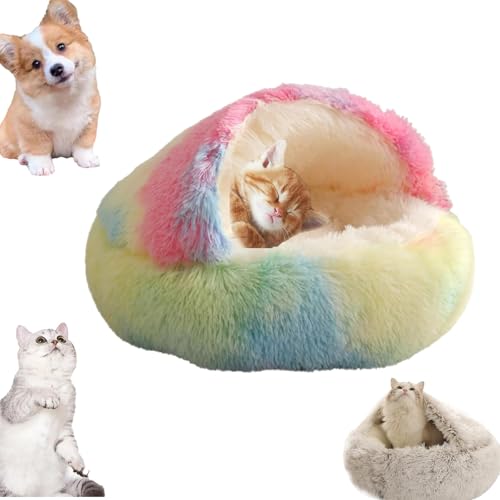 Snrtevu Lapcatz Nest Bed, Cat Winter Bed Washable, Kuschelhöhle Hund, Fluffy Plush Kitten Bed, Hundehöhle Kuschelhöhle, Hundebett Mit Dach, Lapcatz Nest Bed with Cover (Regenbogen,50cm) von Snrtevu