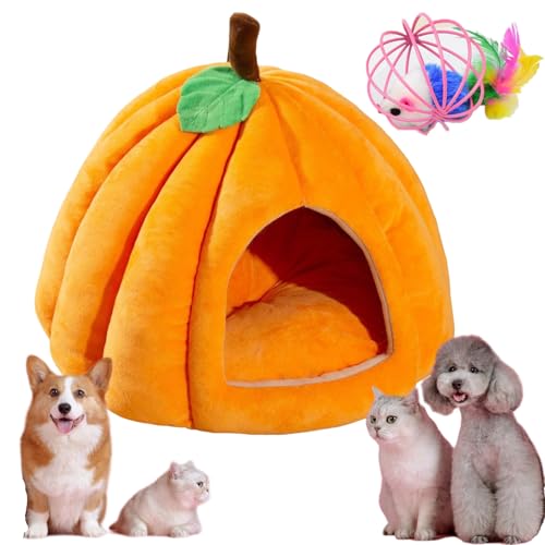 Snrtevu Pumpkin Cat Bed, Pet Bed Halloween Pumpkin, Cat Bed Pumpkin-Shaped for Indoor Cats, Semi-Enclosed Thermal Cat House Soft Comfortable with Detachable Cushion (ORANGE,L) von Snrtevu