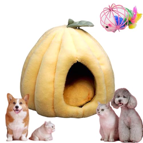 Snrtevu Pumpkin Cat Bed, Pet Bed Halloween Pumpkin, Cat Bed Pumpkin-Shaped for Indoor Cats, Semi-Enclosed Thermal Cat House Soft Comfortable with Detachable Cushion (Yellow,M) von Snrtevu