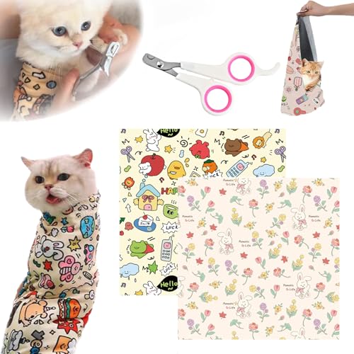 Snrtevu Velcro Fabric Wrap for Cats, Cat Wrap for Cutting Nails, Cat Grooming Wrap, Anti-Bite Cat Wrap for Cutting Nails Self-Adherent, Anti-Bite, Anti-Scratch (2PCS Mix-1,L) von Snrtevu