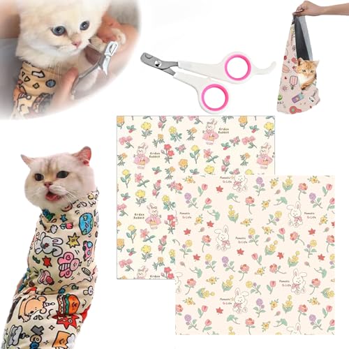 Snrtevu Velcro Fabric Wrap for Cats, Cat Wrap for Cutting Nails, Cat Grooming Wrap, Anti-Bite Cat Wrap for Cutting Nails Self-Adherent, Anti-Bite, Anti-Scratch (2PCS Mix-3,M) von Snrtevu