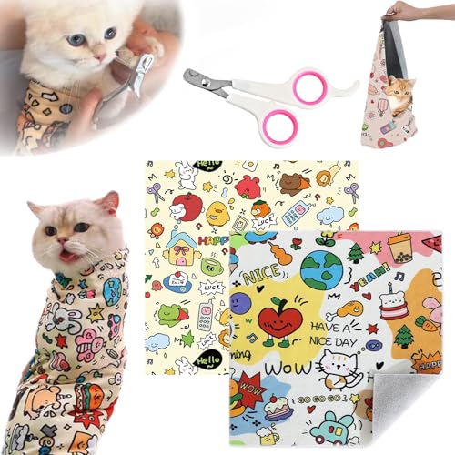 Snrtevu Velcro Fabric Wrap for Cats, Cat Wrap for Cutting Nails, Cat Grooming Wrap, Anti-Bite Cat Wrap for Cutting Nails Self-Adherent, Anti-Bite, Anti-Scratch (2PCS Mix-4,M) von Snrtevu